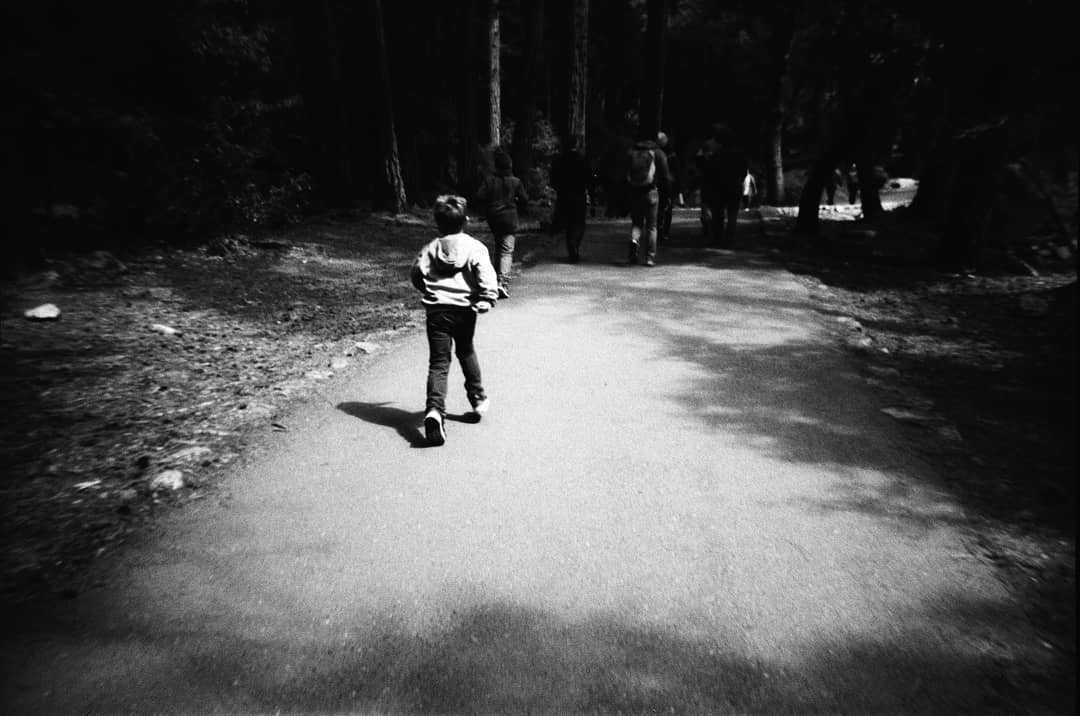 A child walking through a dark park