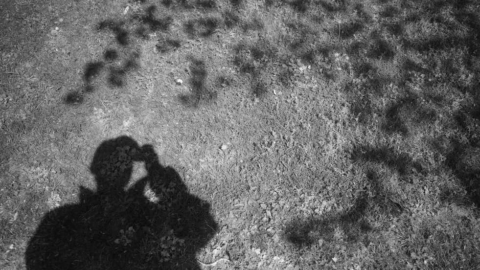 Photographer's shadow cast across textured ground