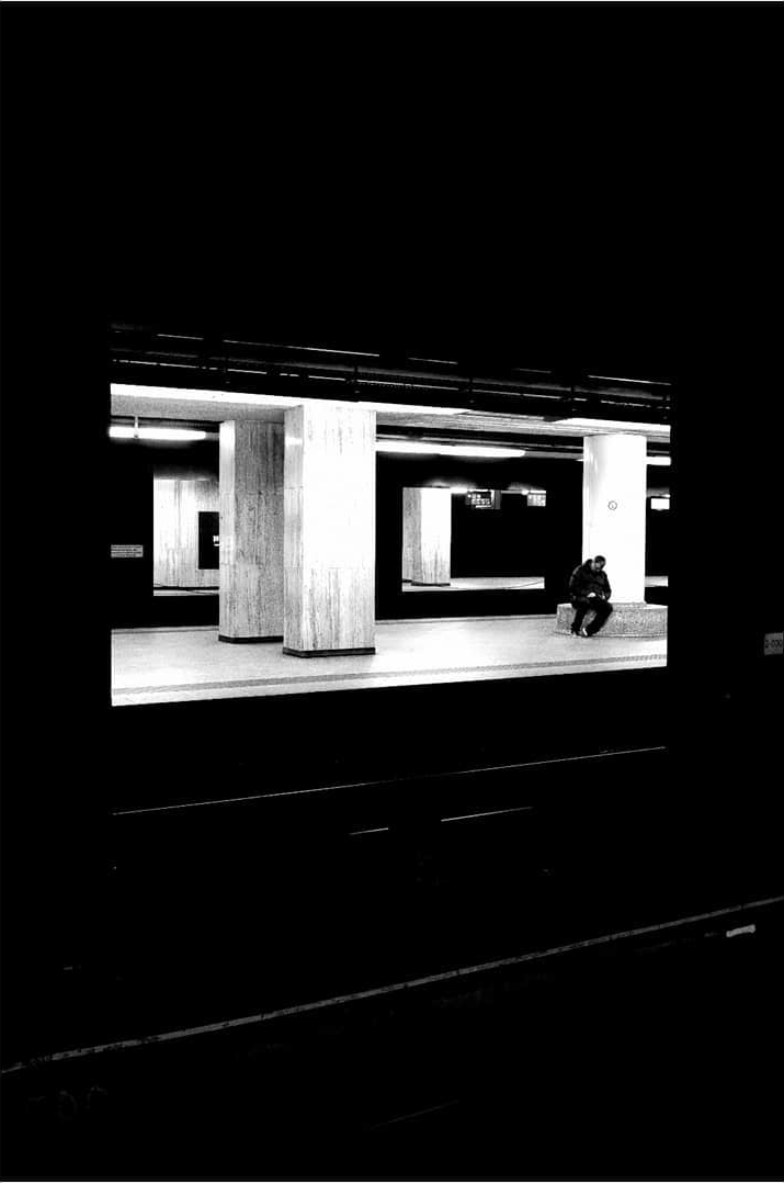 An empty station structure at night