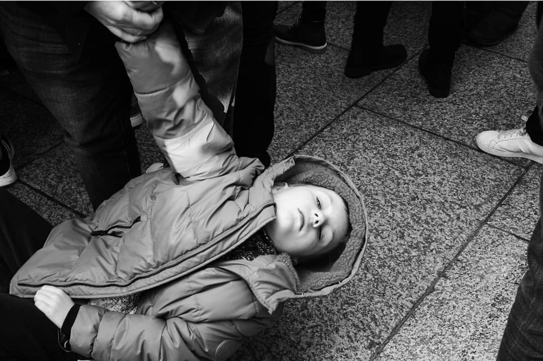 A sleeping child viewed from above